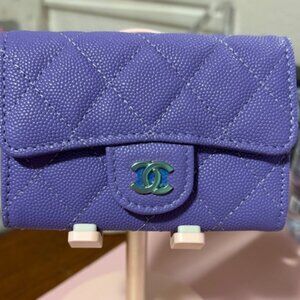 CHANEL 22C Caviar Quilted Flap Compact Card Holder Wallet Purple